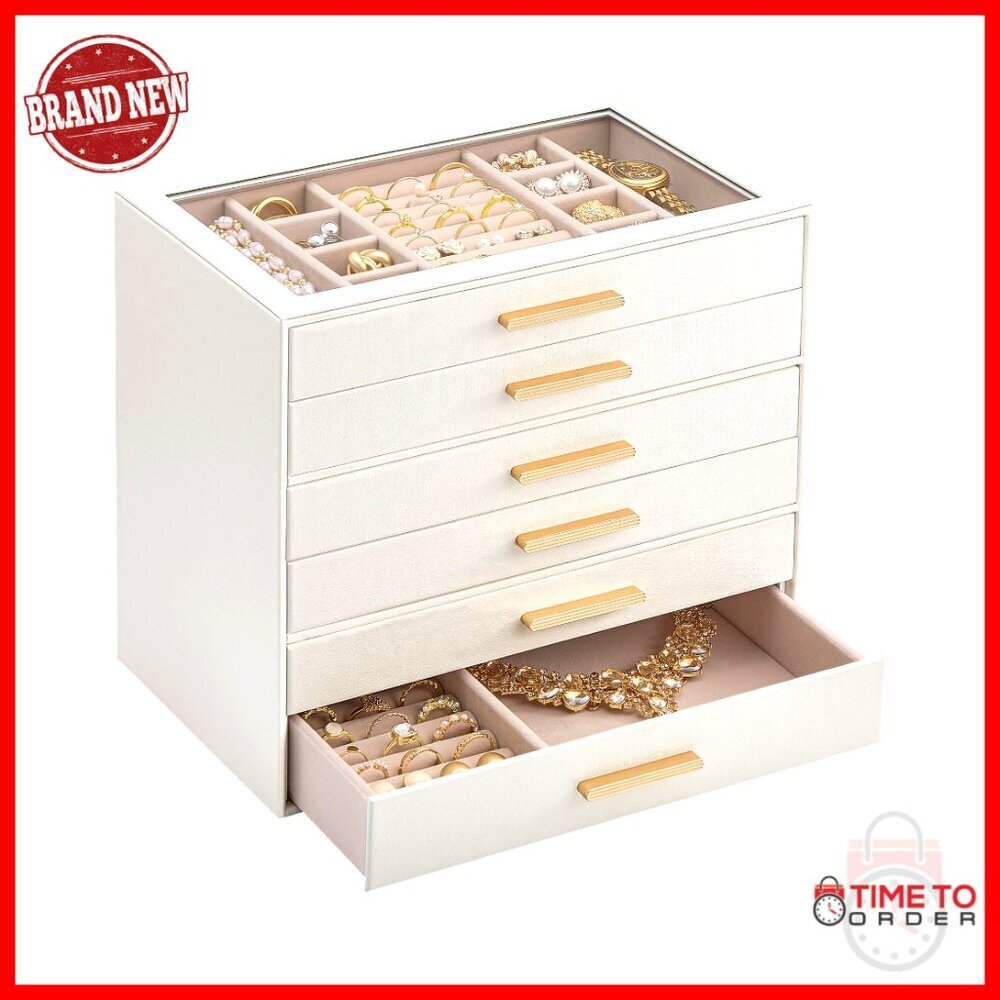 6-Layer Jewelry Organizer with Glass Lid Modern Elegant Storage Case